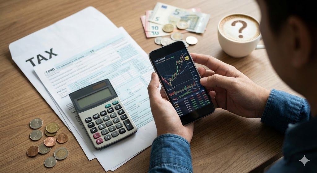 복잡한-주식-차트와-세금-계산기가-놓인-책상-앞에서-납세-고지서를-들고-고민에-잠긴-개인-투자자의-모습을-표현한-일러스트