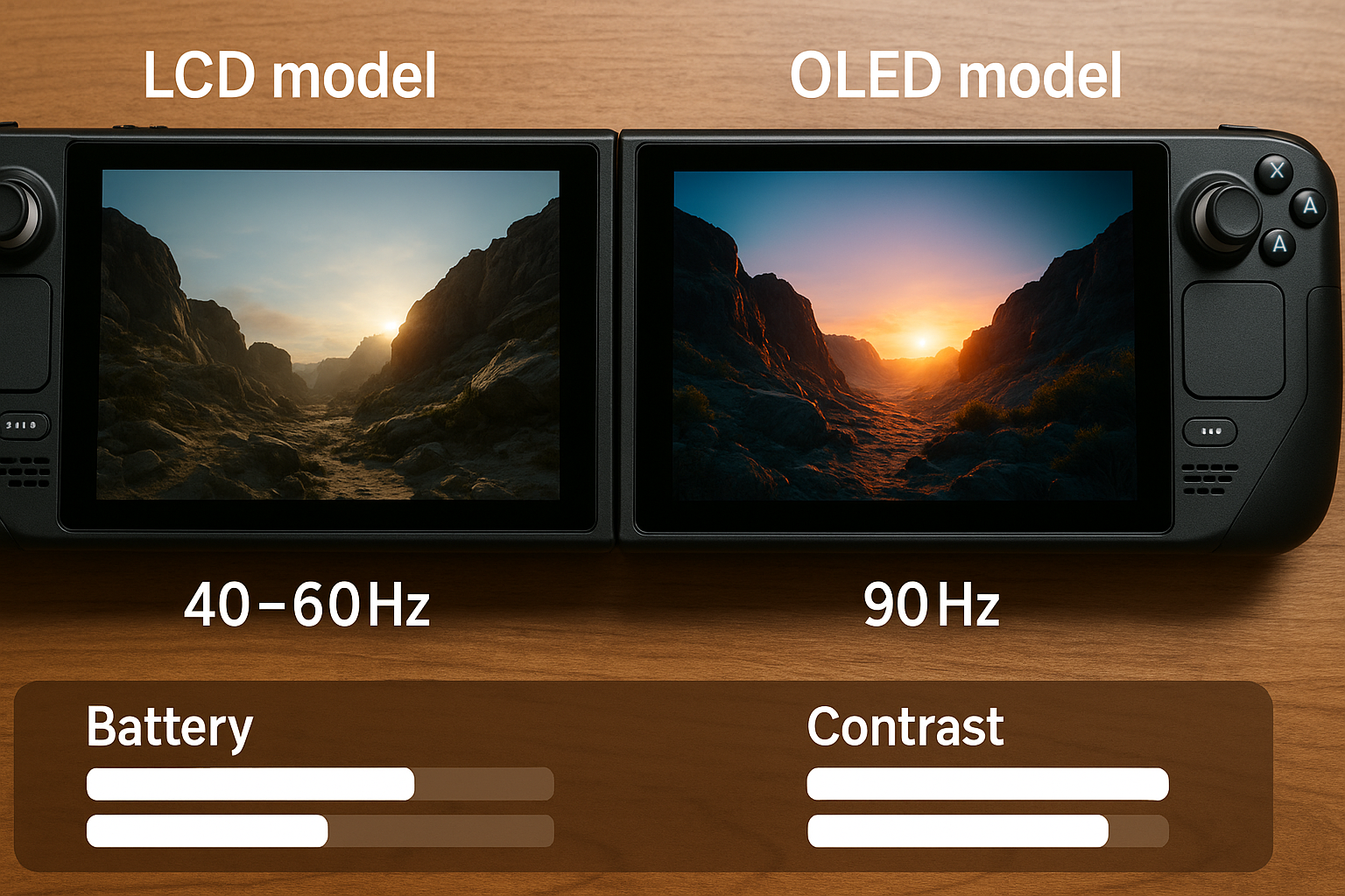 스팀 덱 LCD 모델과 OLED 모델의 화면과 배터리 성능을 비교하는 이미지