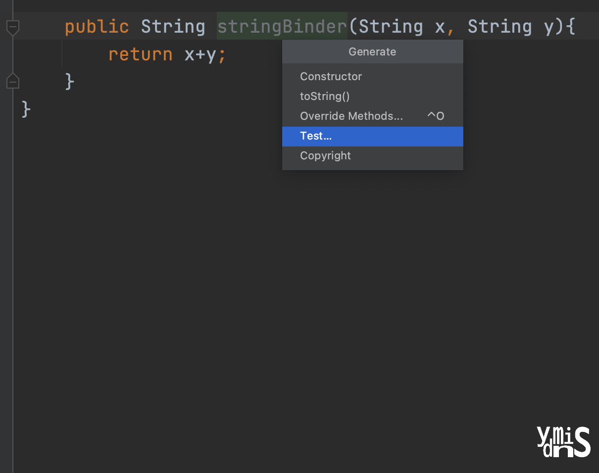 Generate 메뉴를 선택한 뒤 내부 메뉴가 뜬 모습이다. Test...가 선택돼 있다.