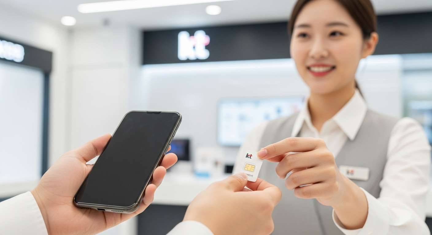 KT 대리점에서 직원의 도움을 받아 유심을 교체하는 고객의 모습