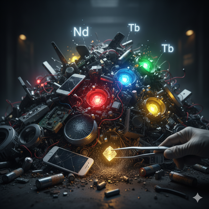 폐가전/폐배터리 더미와 그 속에서 빛나는 희토류 원소를 상징하는 이미지