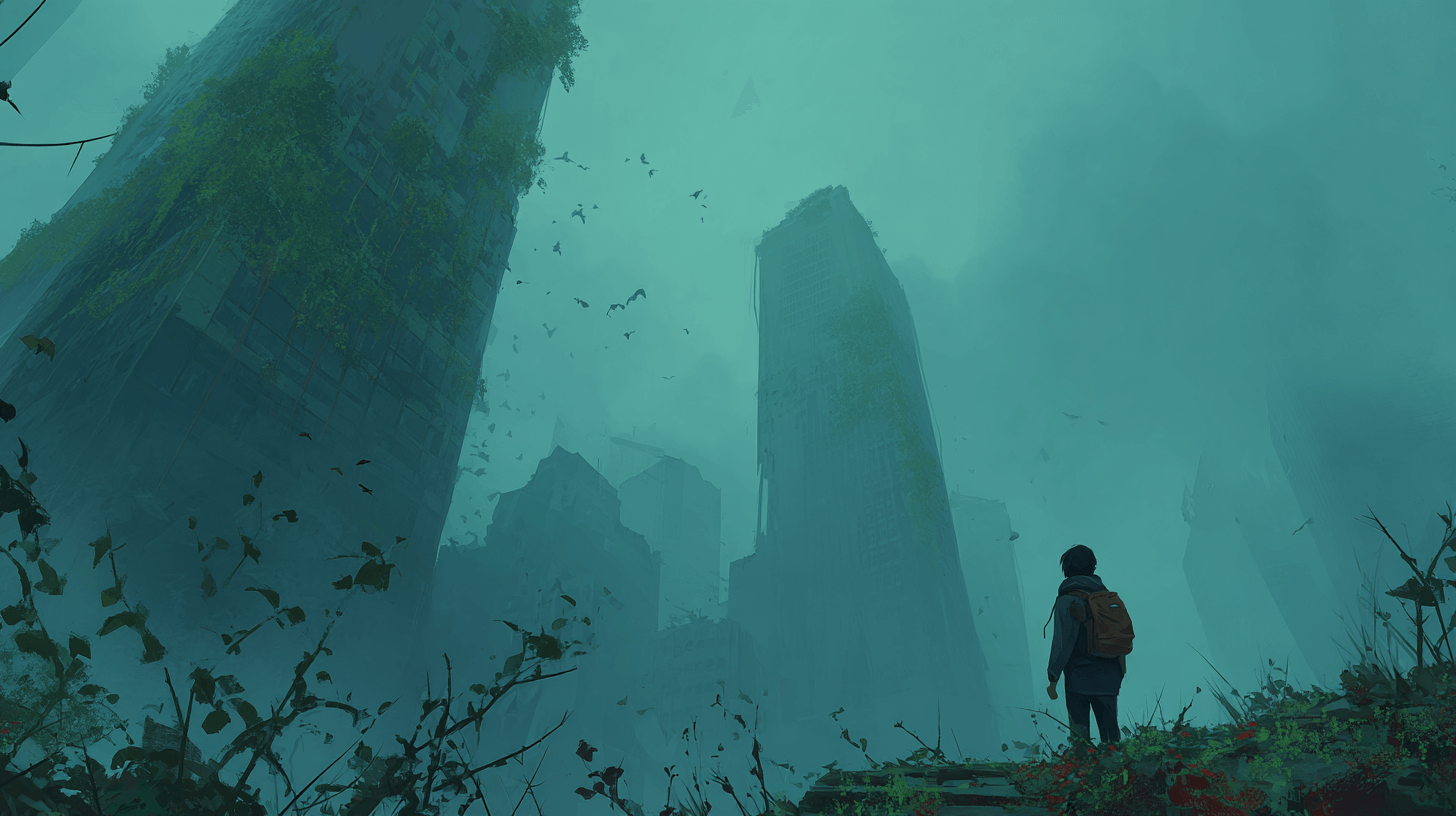 폐허가-된-도심의-한가운데-서-있는-사람