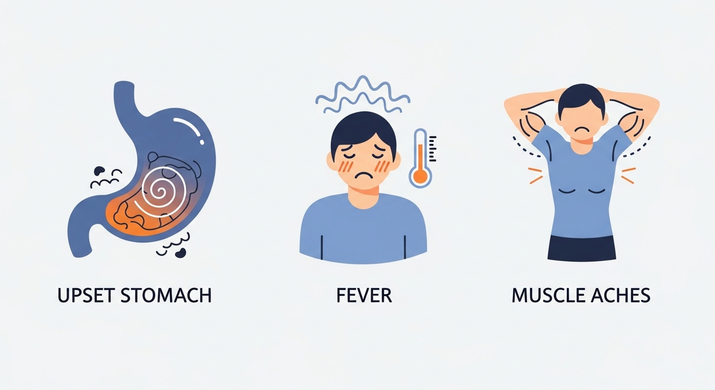 노로바이러스의 주요 증상인 구토, 설사, 복통, 발열, 근육통을 직관적인 아이콘으로 설명하는 인포그래픽.