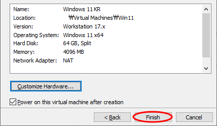 가상 머신 설정 최종 확인 후 Finish 버튼