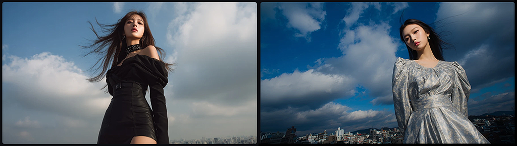 로우 앵글에서 촬영된 한국 여성 모델의 전신 화보, 바람에 날리는 의상과 드라마틱한 하늘이 강조된 패션/시네마틱 컷 생성 예시_Midjourney