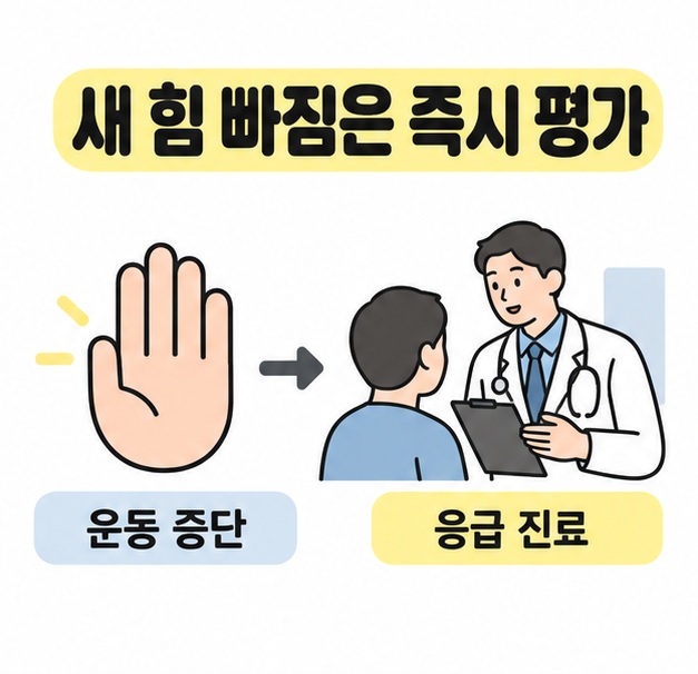 새 힘 빠짐은 즉시 평가라는 제목 아래 운동 중단을 뜻하는 손바닥에서 응급 진료 상담 장면으로 이어지는 그림