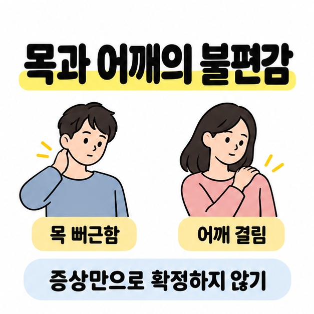 목 뻐근함과 어깨 결림을 두 사람의 생활 모습으로 보여주고 증상만으로 확정하지 않도록 안내한 그림