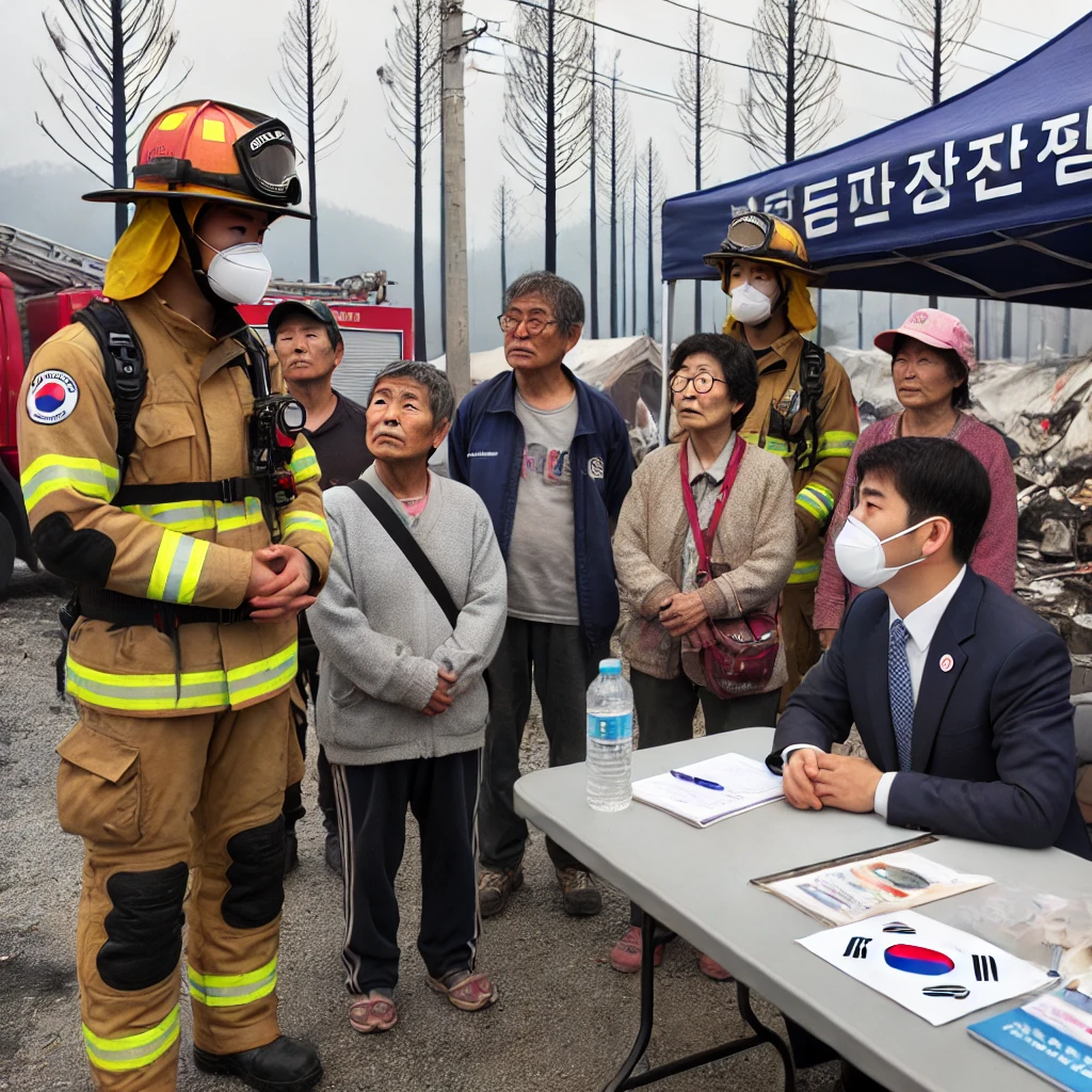 소방관과 공무원이 함께 피해자에게 지원 안내를 하는 장면 