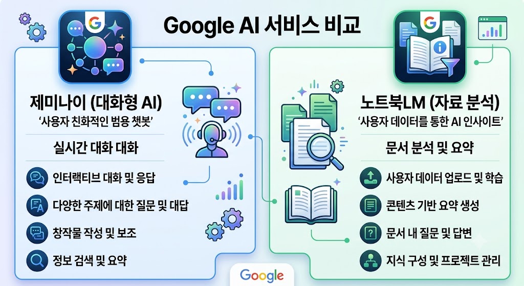 Gemini와 NotebookLM의 특징과 활용 용도를 비교하는 인포그래픽