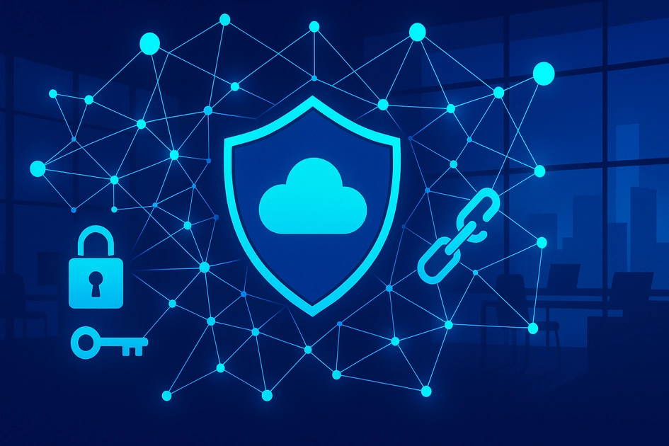 중소기업 클라우드 보안 전략 및 제로트러스트 아키텍처 개념도 - 랜섬웨어 방어와 안전한 원격근무 환경 구축을 위한 사이버보안 일러스트