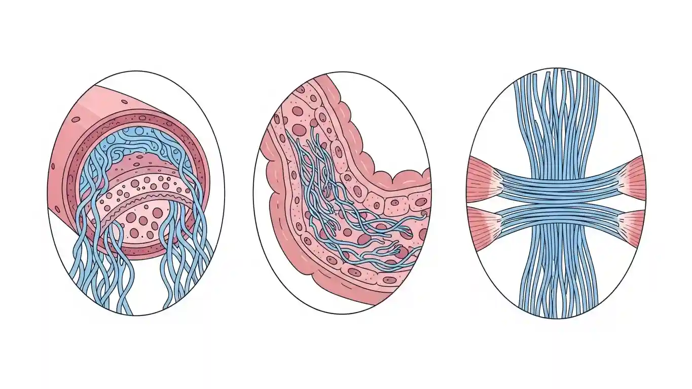혈관·장·근육·힘줄에 콜라겐이 분포하는 모습을 도식화한 전신 일러스트