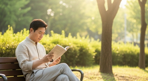 공원 벤치에서 소설책을 들고 사색하는 중년 남성