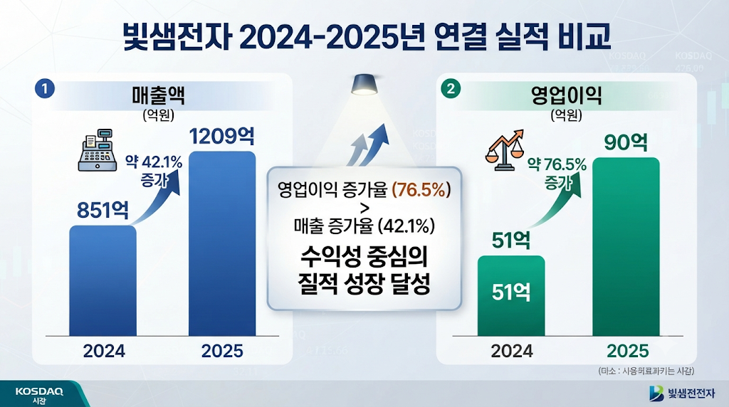 빛샘전자 2024년과 2025년 매출 및 영업이익 증가 비교
