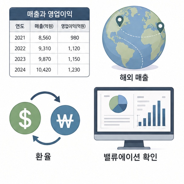 화장품 관련주를 분석할 때 매출과 영업이익, 해외시장, 환율과 기업가치를 함께 확인하는 모습을 보여주는 그림