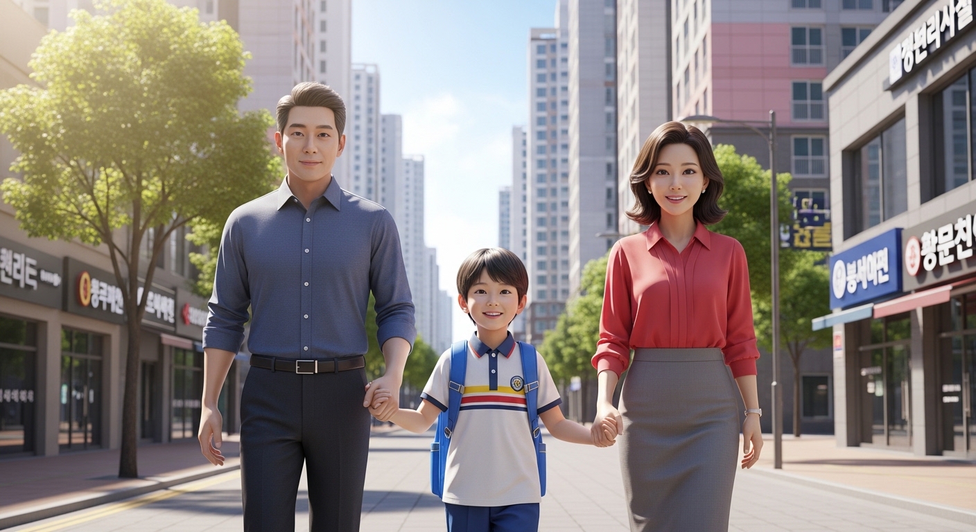 부모와아이가손을 잡고 걷고 있다