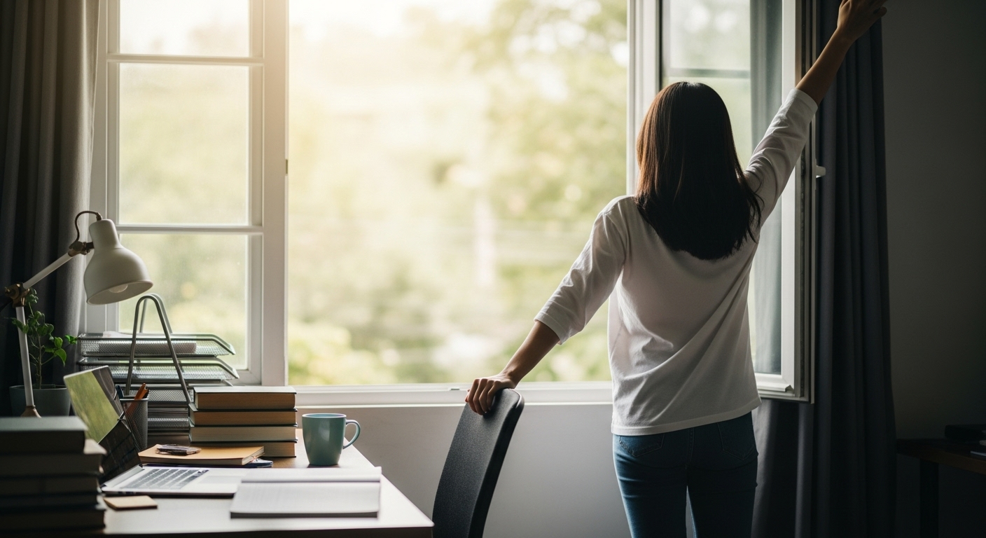 50분 공부 후 10분 휴식 루틴에 따라 창밖을 보며 가볍게 스트레칭하는 학생의 모습. 집중력을 유지하기 위한 규칙적인 휴식의 중요성을 보여줍니다.