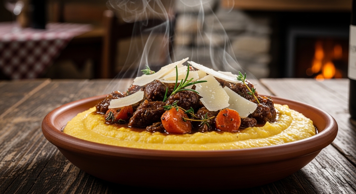따뜻하고 부드러운 폴렌타 위에 진한 고기 스튜와 파르메산 치즈가 듬뿍 올려진 모습. 이탈리아 북부 지역의 든든한 전통 식사를 보여주는 이미지.
