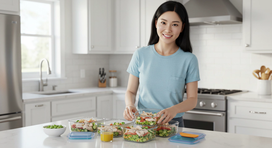 주방에서 샐러드와 닭가슴살 도시락을 준비하는 여성