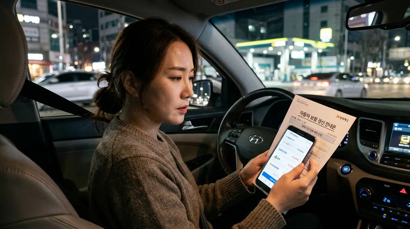 자동차 보험 갱신 안내문을 들고 스마트폰으로 자동차 보험을 검색하며 고민하는 운전자의 모습