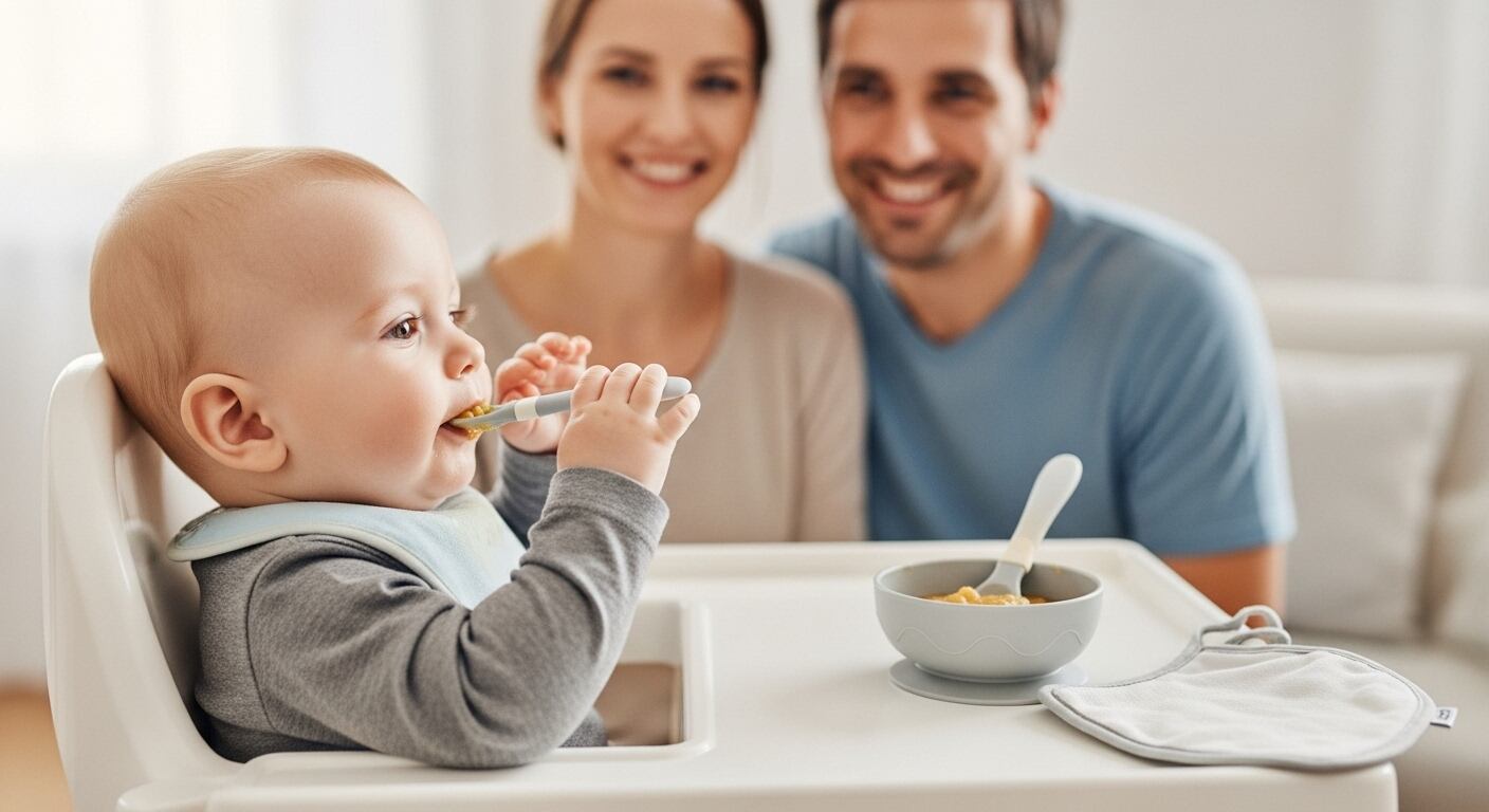 화이트 톤의 아기 식탁에서 이유식을 한두 숟가락 먹고 고개를 돌리는 아기, 부모는 미소를 유지한 채 조급해하지 않는 모습을 보여주는 감성적인 사진. 옆에는 아기용 이유식 그릇, 실리콘 스푼, 턱받이가 정돈되어 있어 &lsquo;문제가 아닌 정상 발달 과정&rsquo;을 상징적으로 표현한 따뜻한 분위기