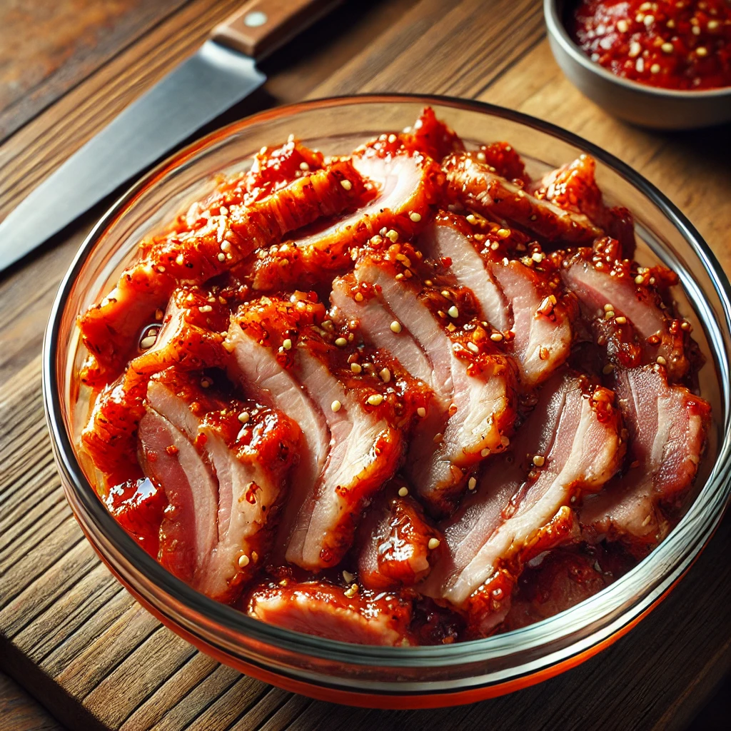 🔥 고기 재우기
돼지고기는 먹기 좋은 크기로 썰어 준비해 주세요.
만든 양념장에 고기를 넣고 잘 버무린 후 30분 정도 재워주세요. (이때 참기름을 살짝 둘러주면 더 부드러워져요!)