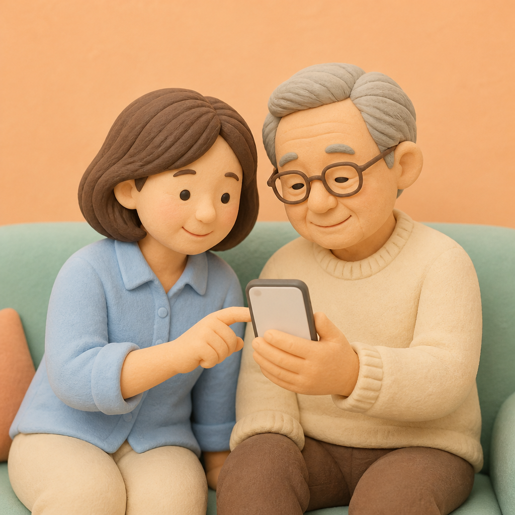 저녁 소파에서 딸이 아버지와 함께 휴대폰 화면을 보는 모습