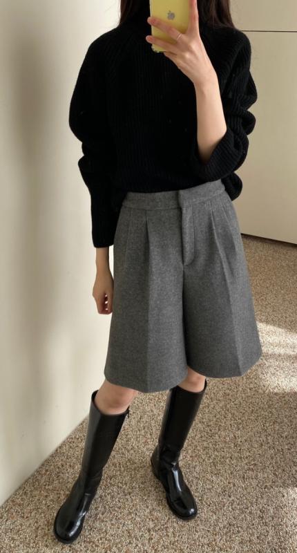 여성 겨울 버뮤다 5부 모직 두꺼운 울 하이웨스트 반바지- 울5부팬츠