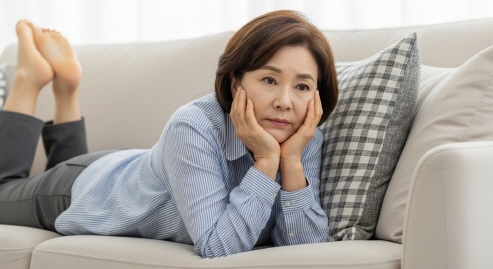 중년 여성이 소파에 누워 드라마를 보는 모습