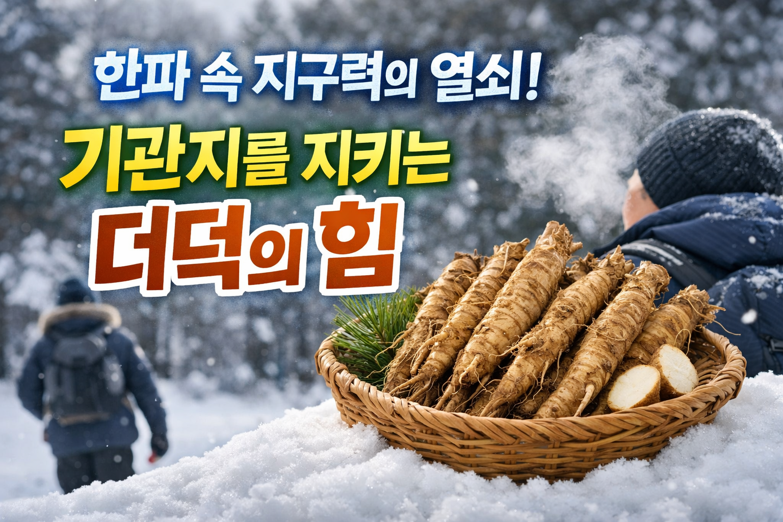 한파 속 눈 덮인 야외에서 운동하는 사람과 바구니에 담긴 더덕 모습, 겨울 운동 시 기관지 보호 식재료를 상징하는 이미지