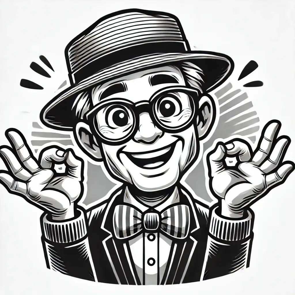 영화감독 빌리와일더의 캐리커처 사진 안경을 쓰고있고 동그란 모자를 쓰고 있고 양손으로 오케이 사인을 하며 활짝 웃고있다.