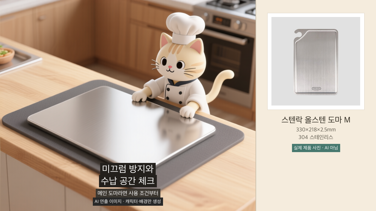 스텐락 올스텐 도마 아래 미끄럼 방지 매트와 세워 보관할 공간을 확인하는 AI 연출 장면