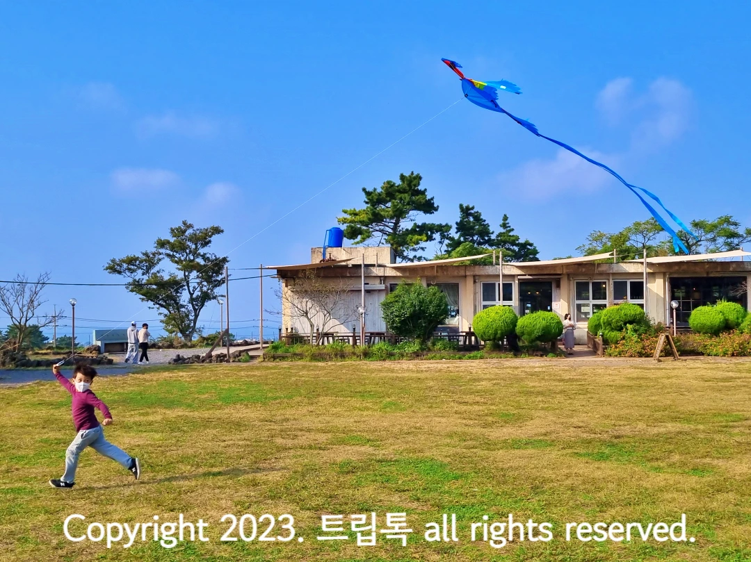 넓은 운동장을 가로지르면 뛰는 아이의 손에 연이 있는데 하늘 높이 날고 있다