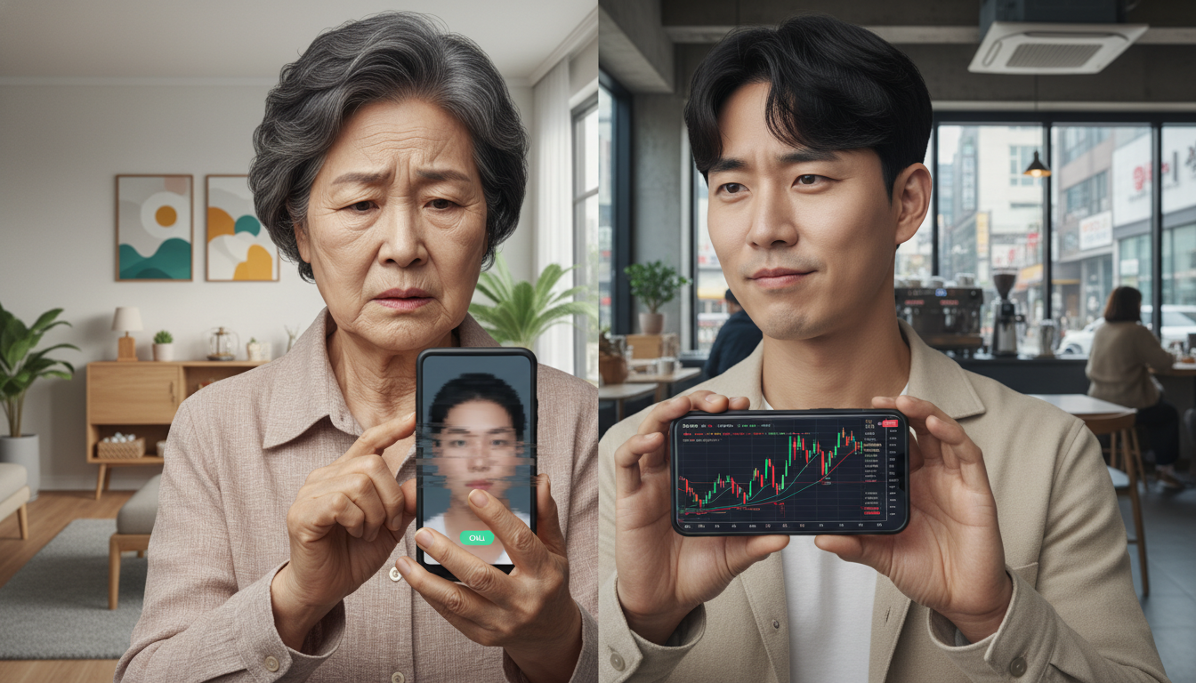 스마트폰 속 딥페이크 이미지에 걱정하는 한국인 노년 여성과 투자 사기를 의심하는 20대 한국인 남성