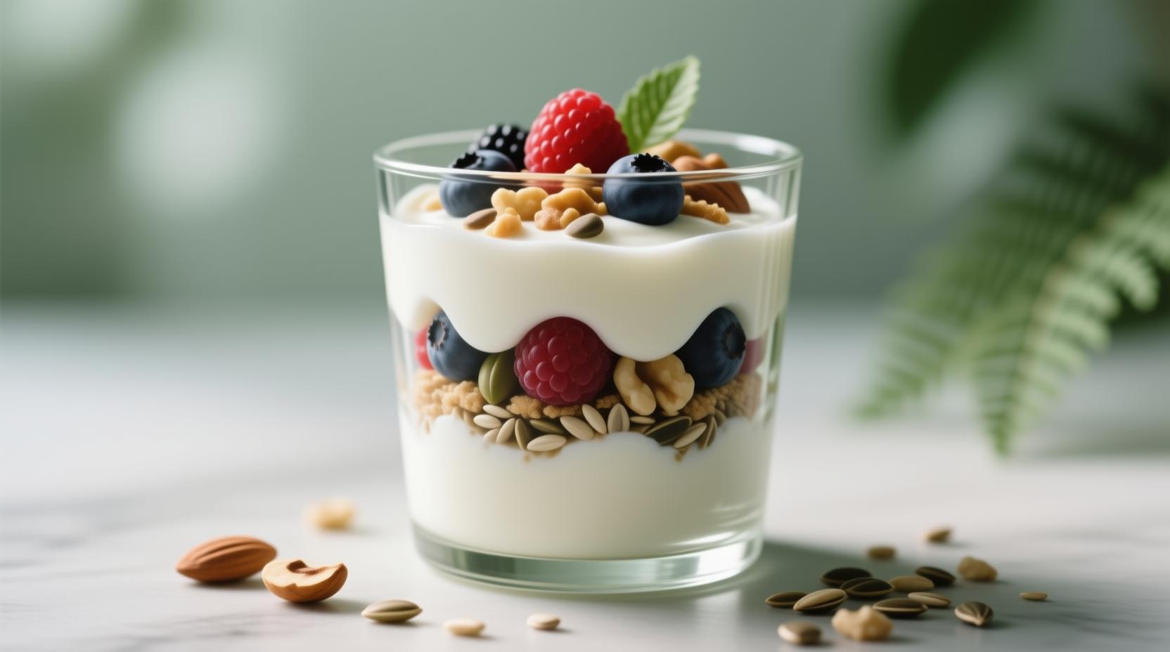 블루베리, 견과류를 올린 건강한 그릭요거트, 혈당 관리에 좋은 간식