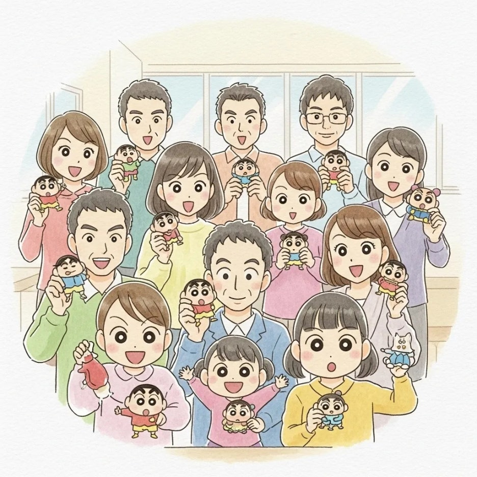 짱구 장난감을 들고 즐거워하는 다양한 사람들.