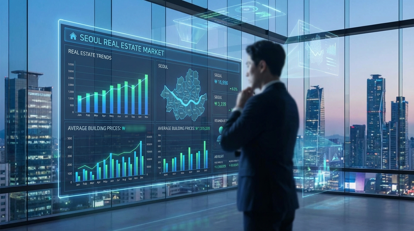 서울 부동산 시장 데이터와 건물 가격 그래프를 분석하는 전문가의 모습