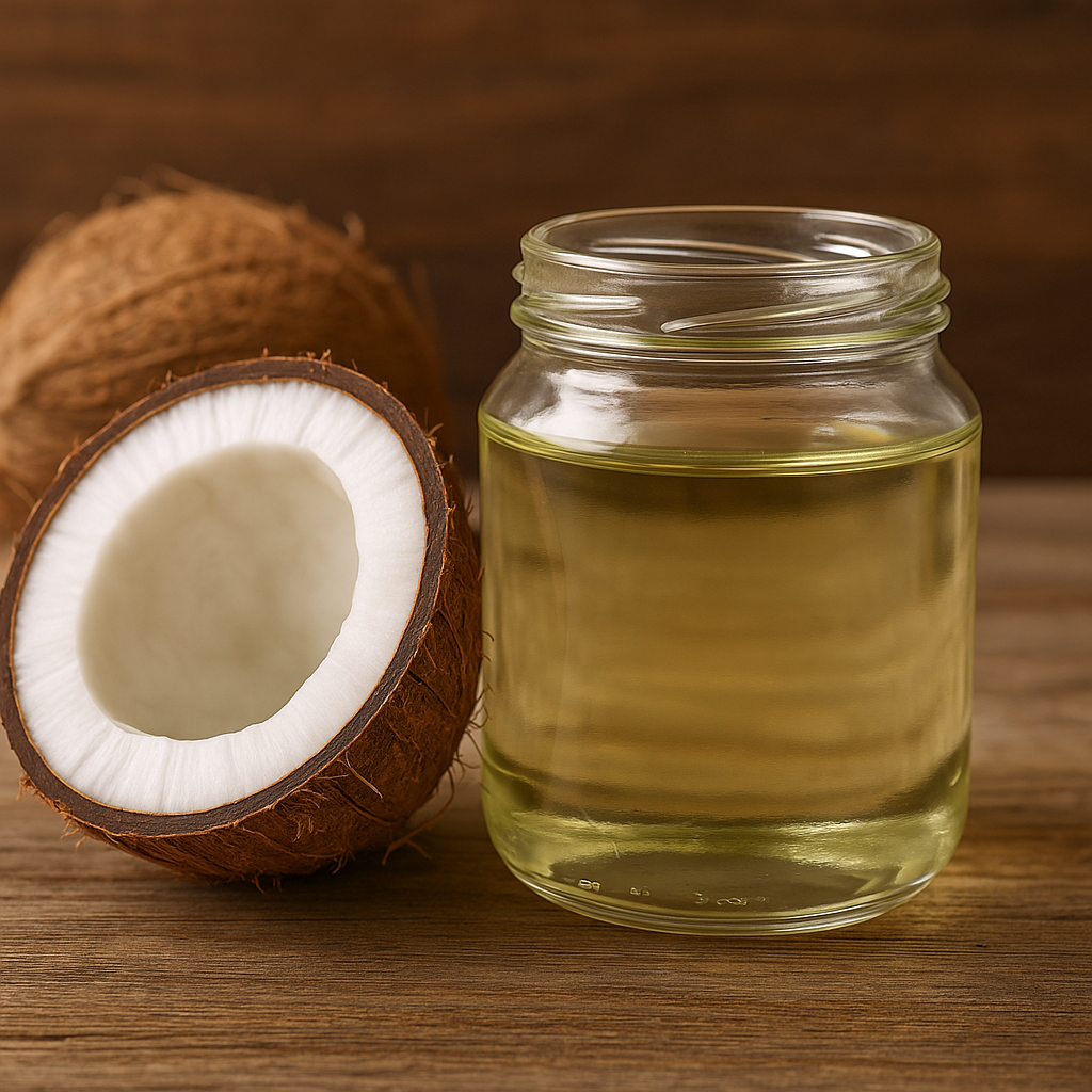 코코넛과 유리병에 담긴 코코넛 오일 이미지