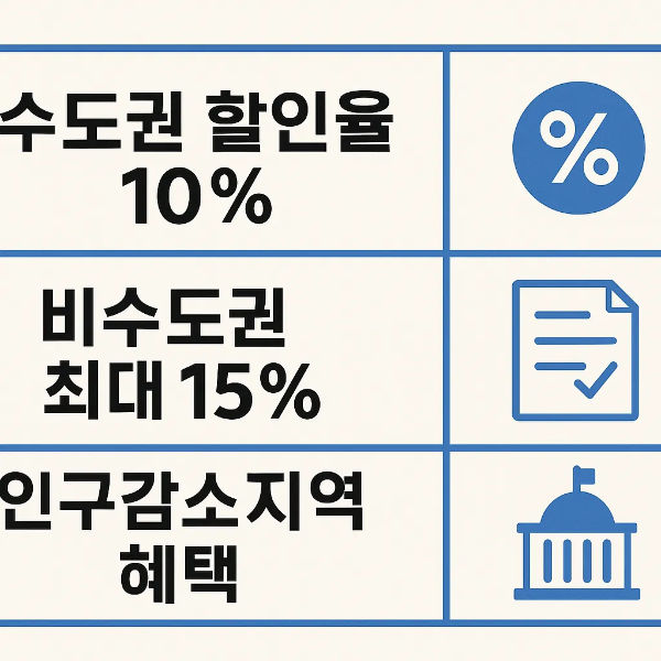수도권 지역화폐 상품권은 10% 할인율, 비수도권은 최대 15%까지 제공되며 인구감소지역 특별 혜택까지 포함된 지역화폐 할인율 정책을 한눈에 정리한 인포그래픽입니다