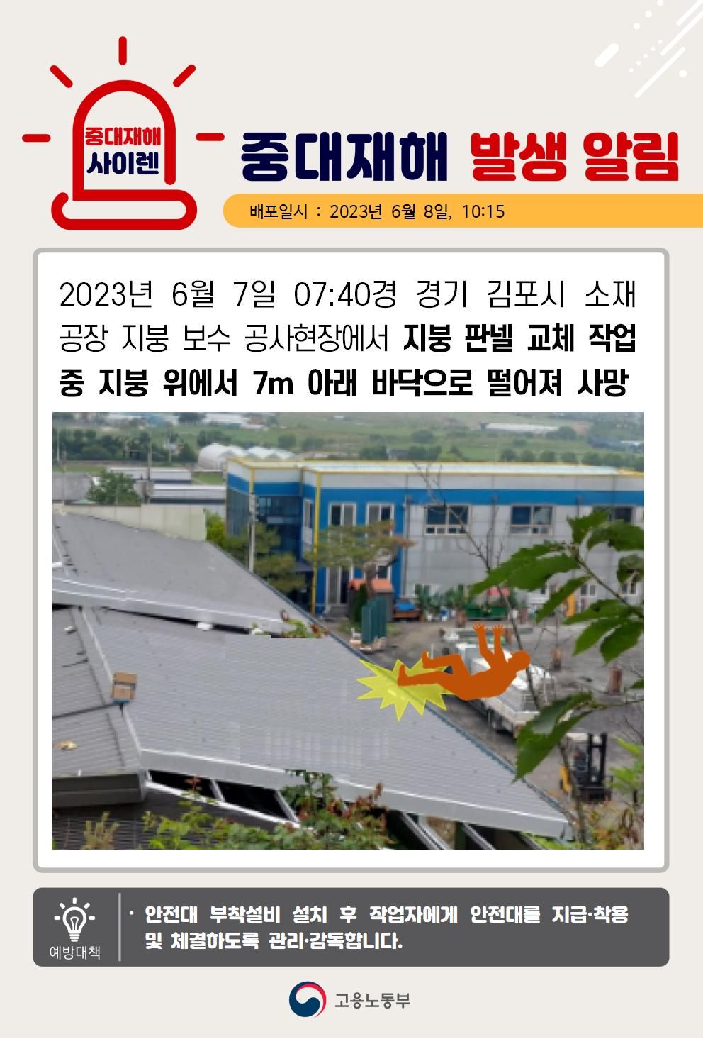 지붕 판넬 교체작업 중 7m 아래 바닥으로 떨어짐