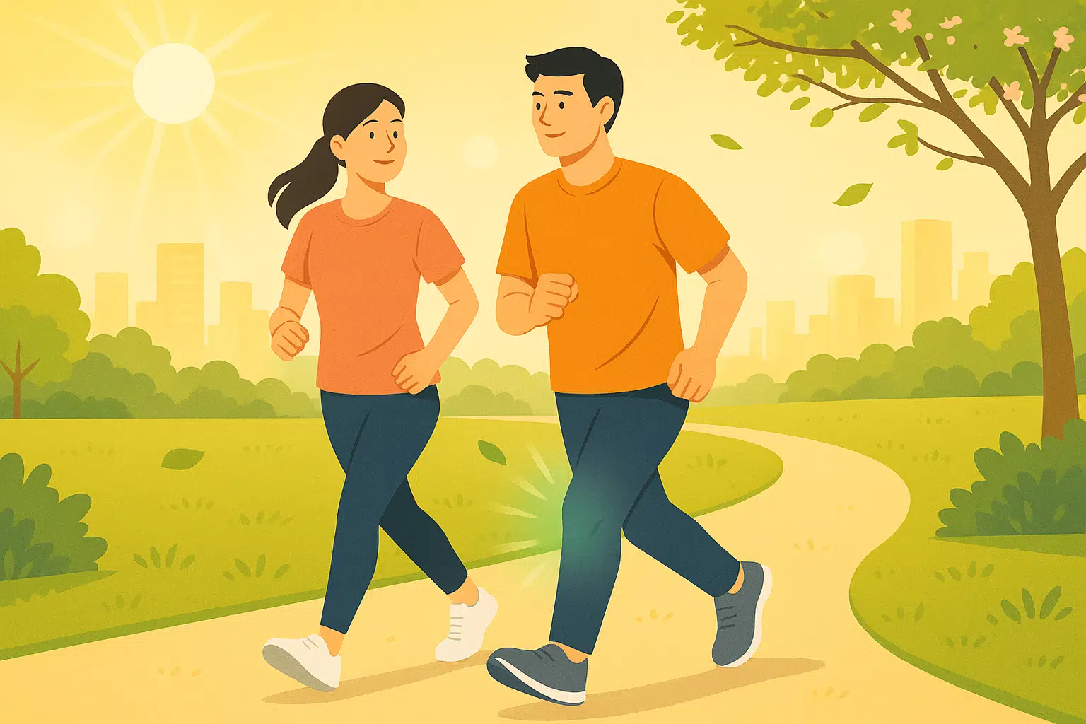 공원에서 활기차게 걷는 남녀, 왼쪽 무릎이 편안해진 듯한 모습