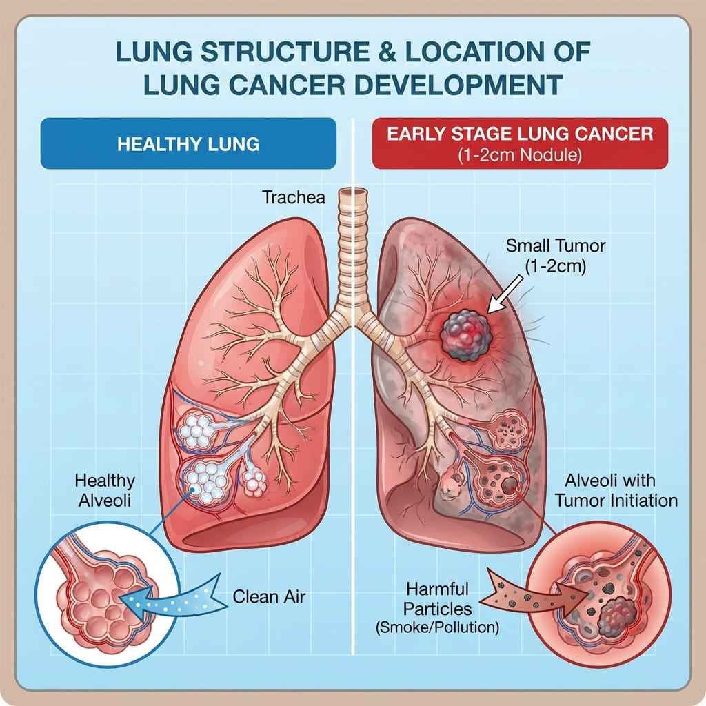 깨끗한 폐 vs 암이 생긴 폐를 한 장에 비교해서 보여주는 일러스트