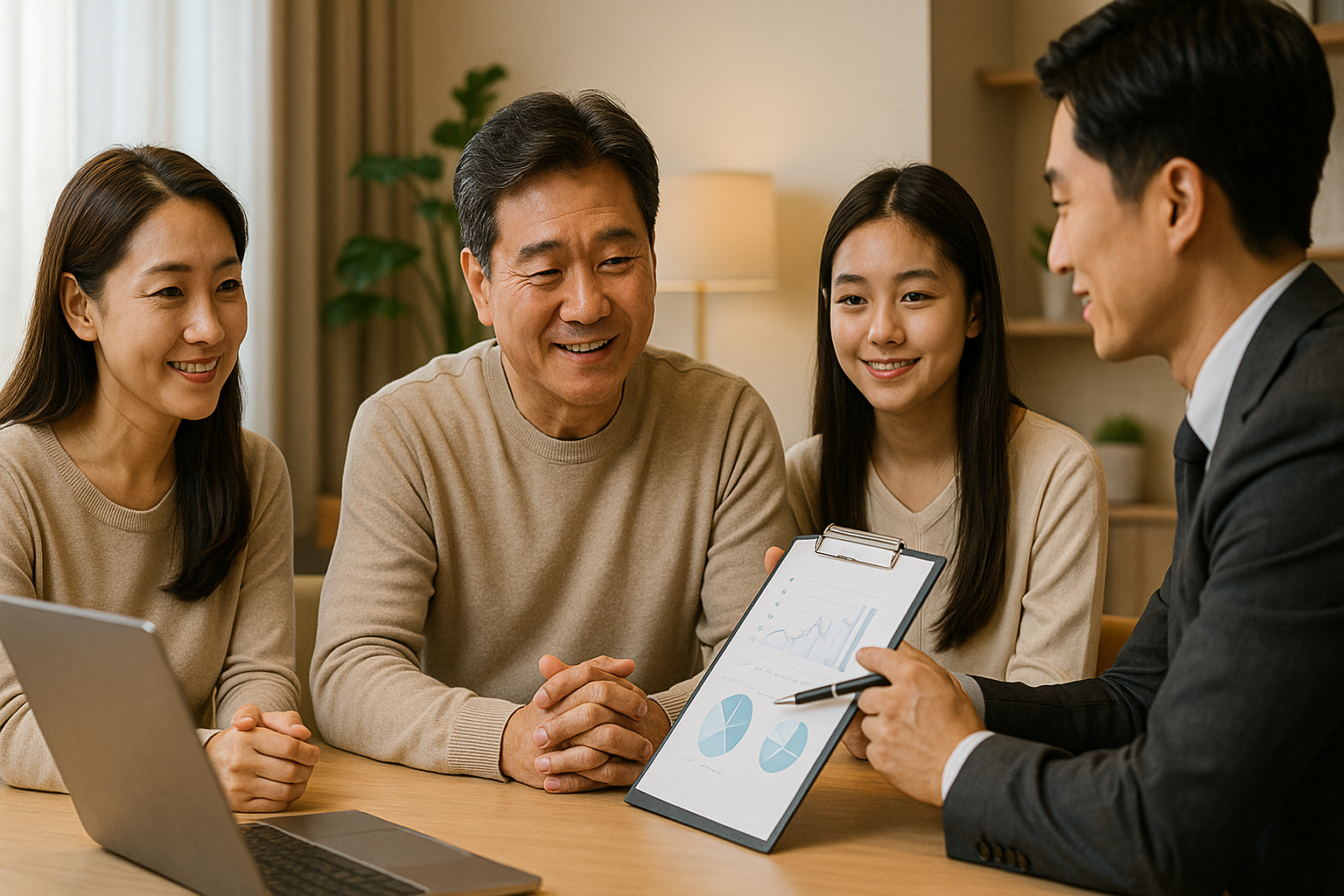 가족과 함께 전문가와 재무설계 상담을 받는 중년 남성