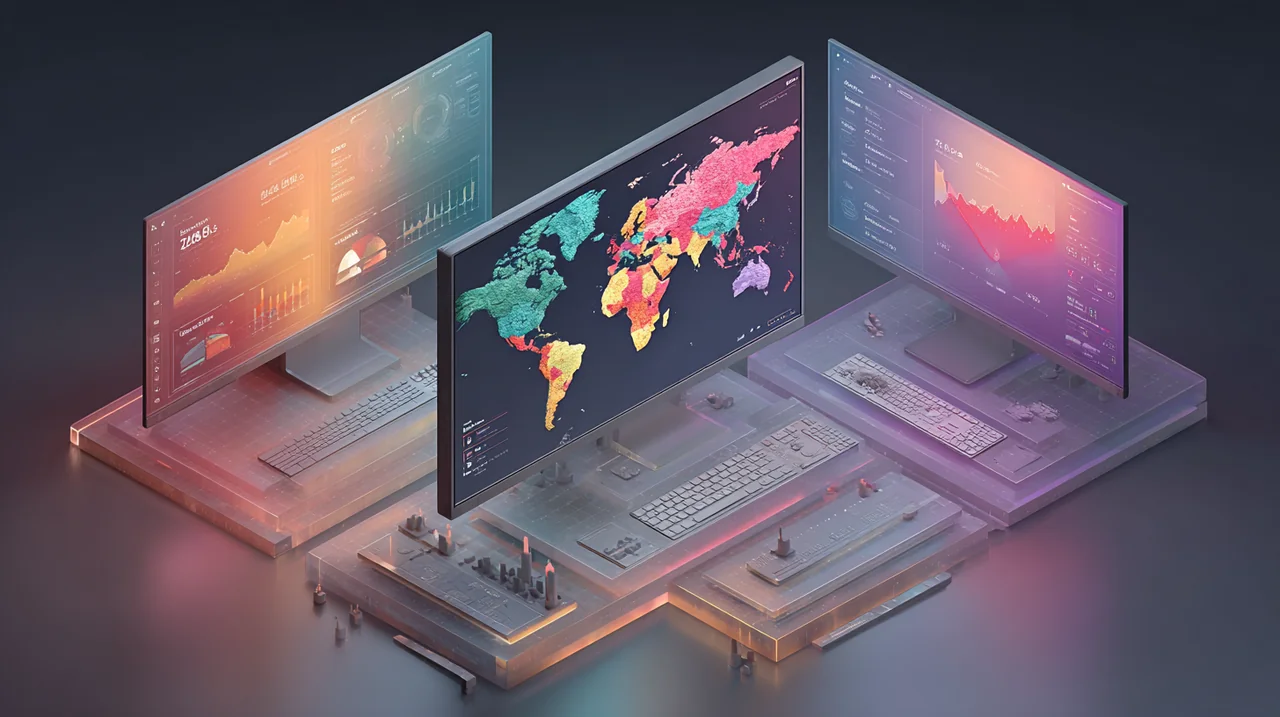 Marketing team reviews best AI visibility tracking tools 2026 dashboard with global share of voice maps and charts.