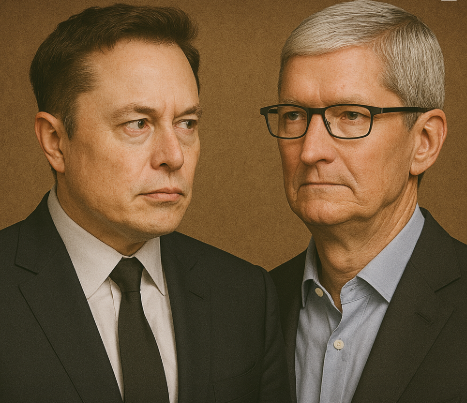 일론 머스크와 팀 쿡이 마주보고 있다