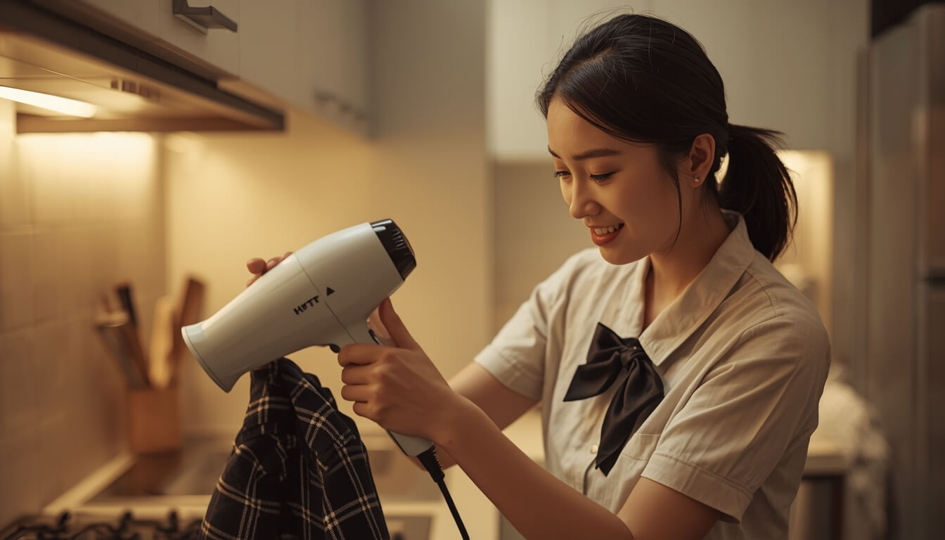 급하게 입어야 하는 옷을 드라이기로 말리고 있는 엄마