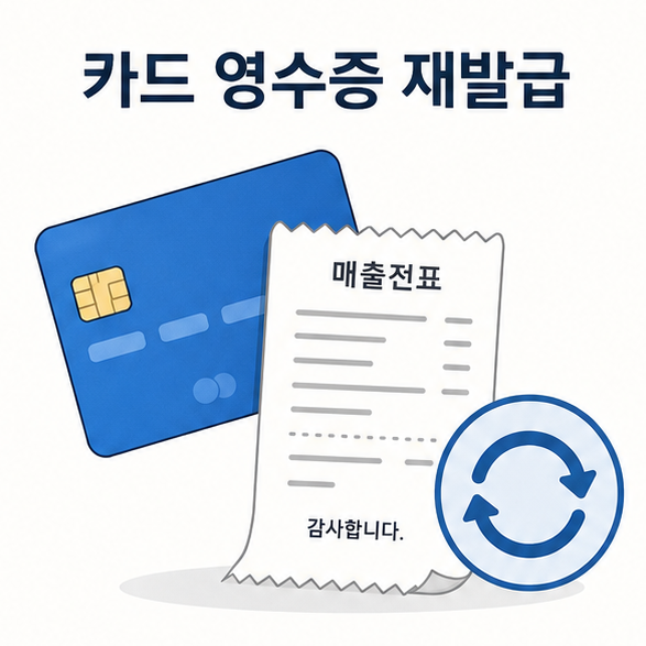 신용카드와 종이 영수증, 재발급 화살표로 카드 영수증 재발급을 표현한 이미지