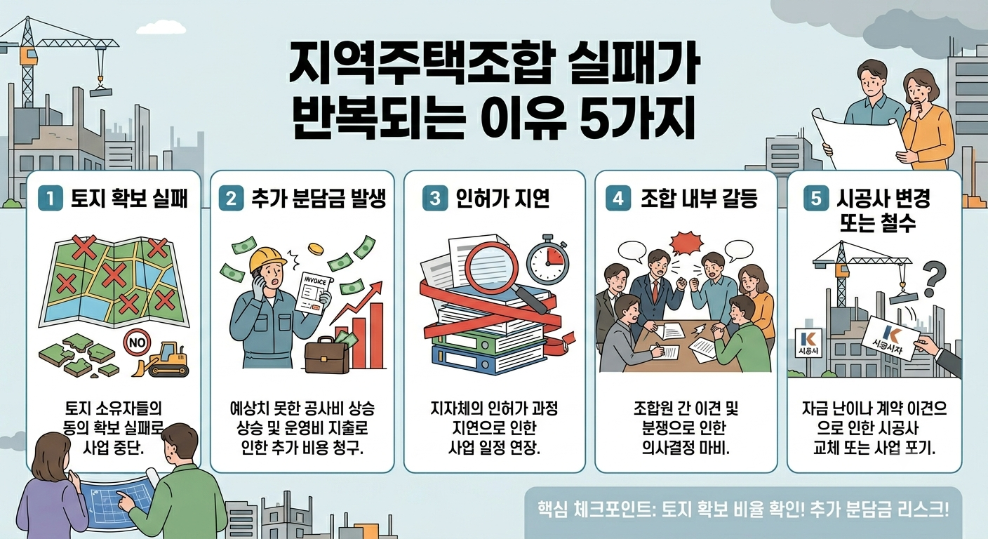 지역주택조합 실패 사유 핵심 5가지, 추가 분담금 및 토지 확보율까지 한 방에 정리