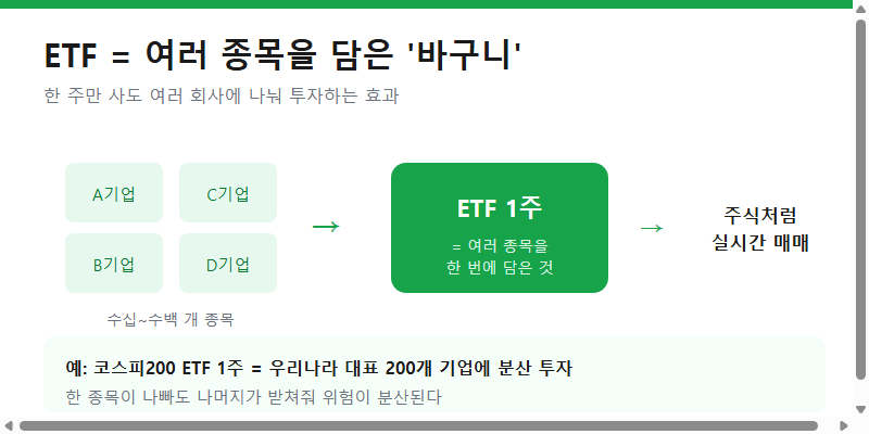 ETF는 여러 종목을 담은 바구니라는 개념 설명