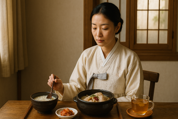 소음인-여성이-삼계탕과-생강차등-따뜻한-음식을-먹고-있음