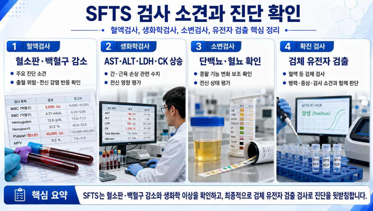 5. SFTS 의심 시 혈액검사, 생화학검사, 소변검사, 바이러스 유전자 검출 검사를 설명한 진단 확인 이미지